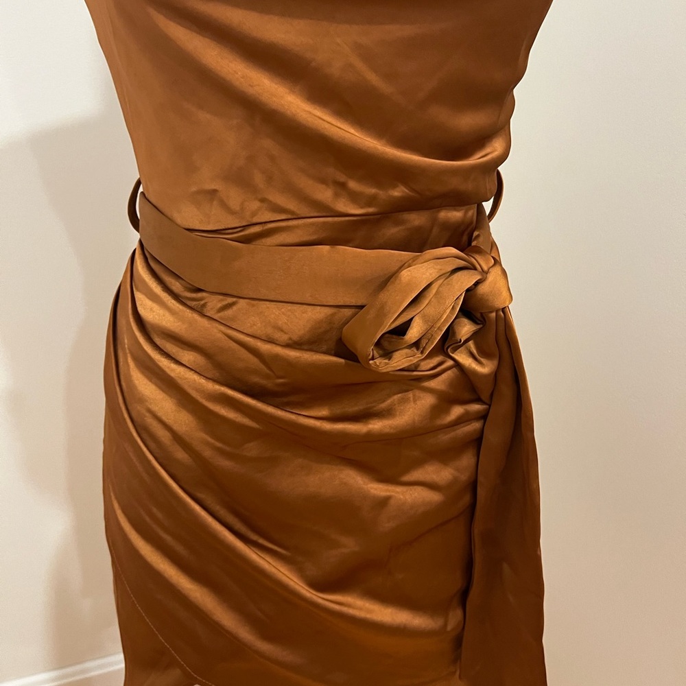 NWOT Caramel Satin Ruched Mini Dress - Picture 5 of 8